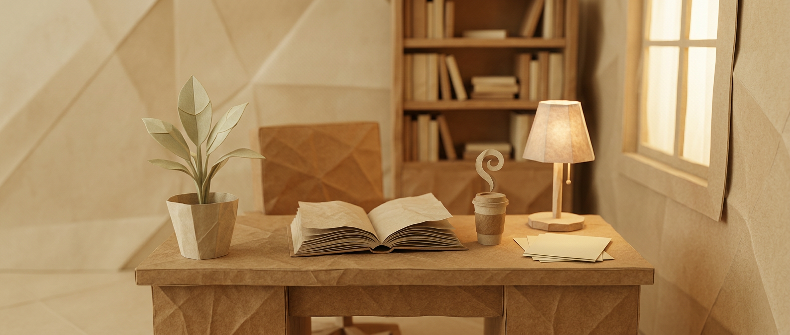 Papierratgeber – Bürotisch mit aufgeschlagenem Papier-Almanach in einer Papier-Welt